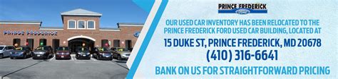 Prince frederick ford - Prince Frederick Ford. 4.3. 14 Verified Reviews. 3 Favorited the service shop. New Car Sales: (410) 834-4009 Used Car Sales: (410) 914-1934 Service: (301) 368 …